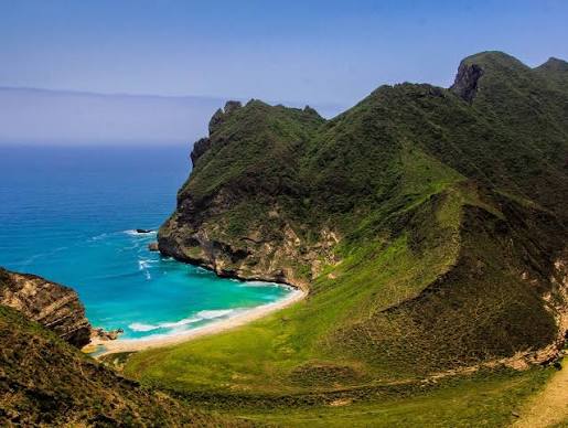 Misty coastline and cliffs near Salalah, Oman during khareef season