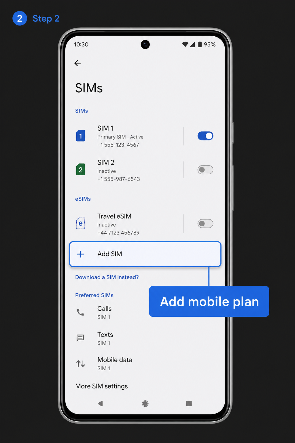 Android SIMs screen with Download a SIM instead highlighted