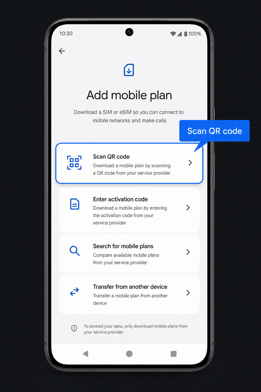 Android add mobile plan options with Scan QR code highlighted