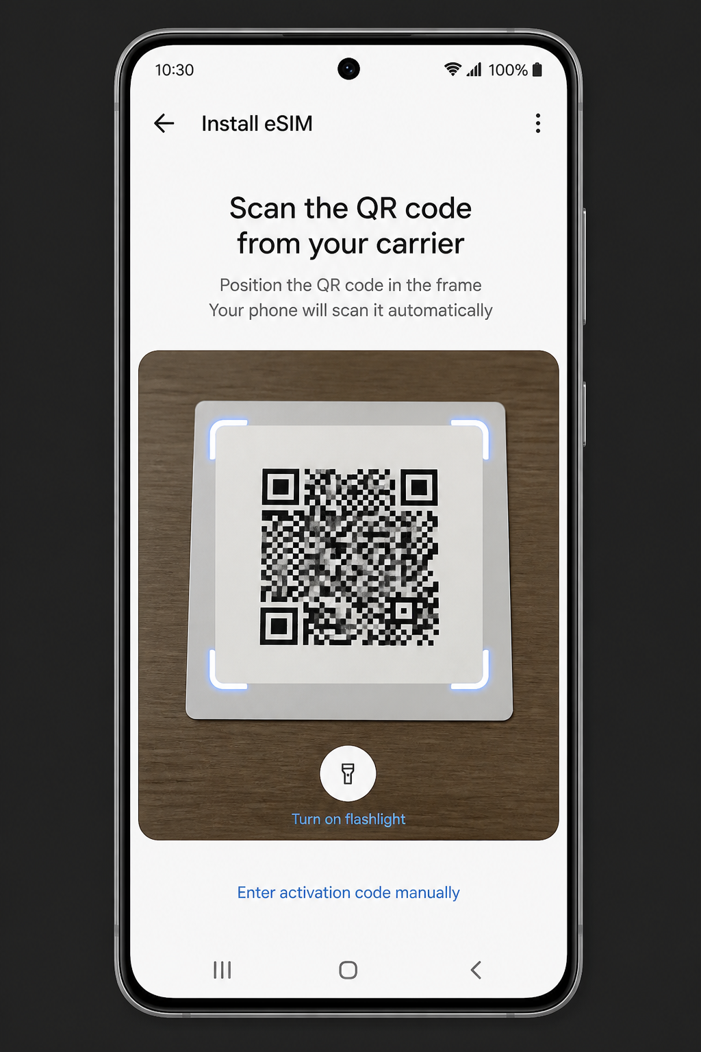 Android QR scanner scanning an eSIM activation code
