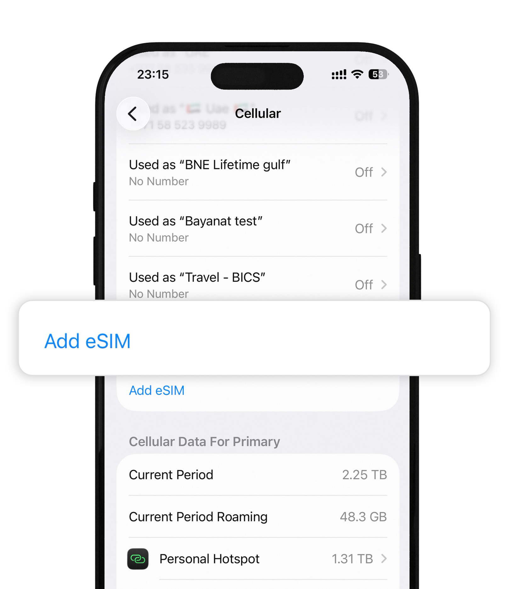 إعدادات الخلوي في iPhone مع تمييز إضافة eSIM